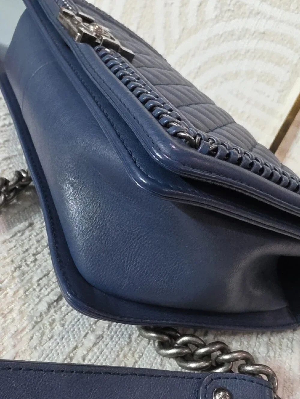 Chanel Boy Large Quilted Navy Leather Chain Top-Handle Shoulder Bag
